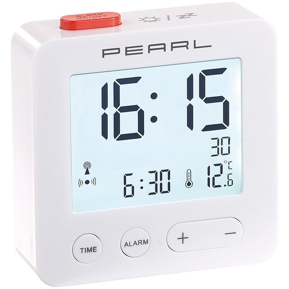 Pearl Digitaler Reise-Funk-Wecker mit Thermometer und beleuchtetem Display