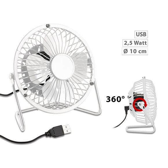 Sichler Haushaltsgeräte Mini-USB-Tischventilator, Vollmetall, neigbar um 360°, 2,5 W, Ø 10 cm