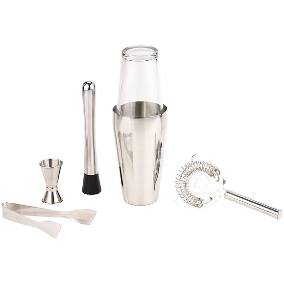 Rosenstein & Söhne Boston-Cocktailshaker-Set aus Edelstahl mit Glas, 6-teilig, 0,8 l