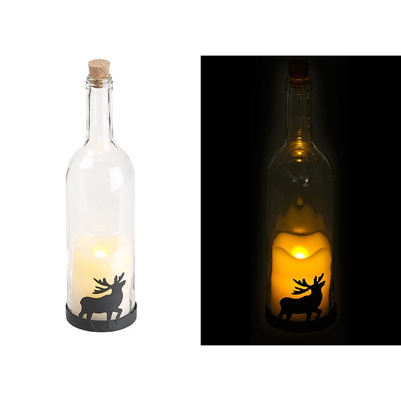 Lunartec Deko-Glasflasche mit LED-Kerze, bewegliche Flamme, Timer, Elch-Motiv