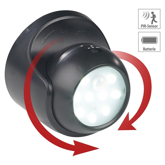 Luminea Kabelloser LED-Strahler, Bewegungssensor, 360° drehbar, 100 lm,schwarz
