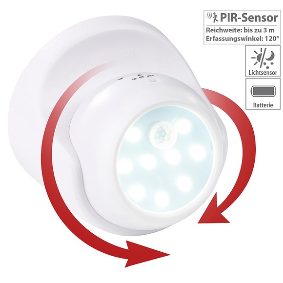 Luminea Kabelloser LED-Strahler, Bewegungssensor, 360° drehbar, 100 lm, weiss