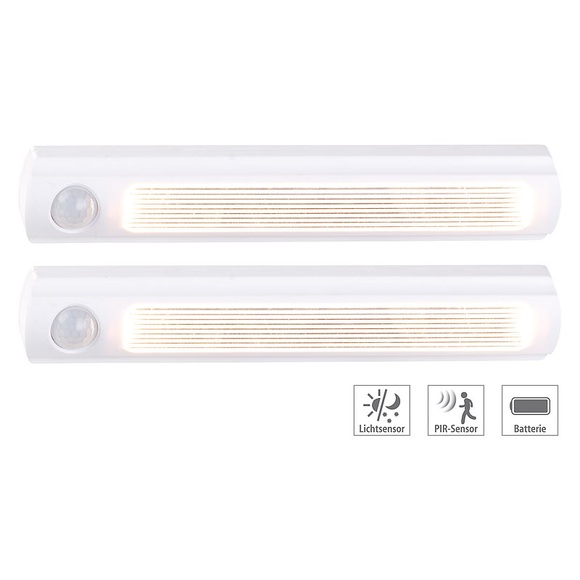 Luminea 2er-Set LED-Schrankleuchte, PIR- & Lichtsensor, 0,6 W, 25 Lm, 6000 K