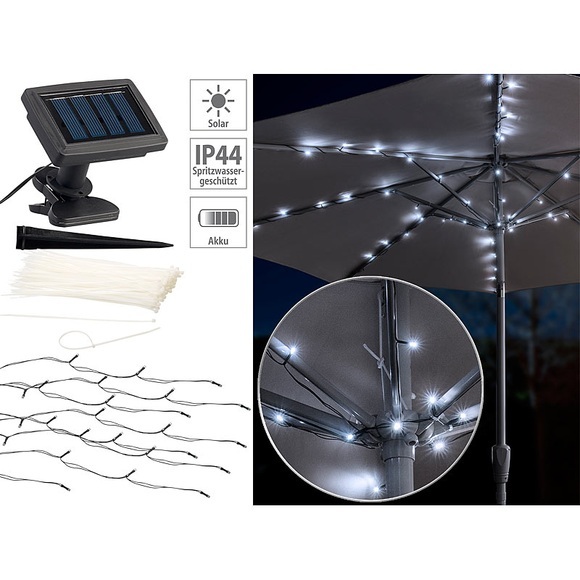 Luminea Solar-LED-Sonnenschirm-Lichterkette mit 8 Strängen und 72 LEDs, IP44