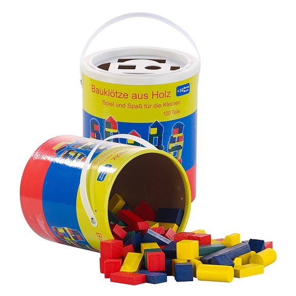 Playtastic 2er-Set Holzbausteine, Aufbewahrungseimer, 100 St., 4 Farben, 6 Formen