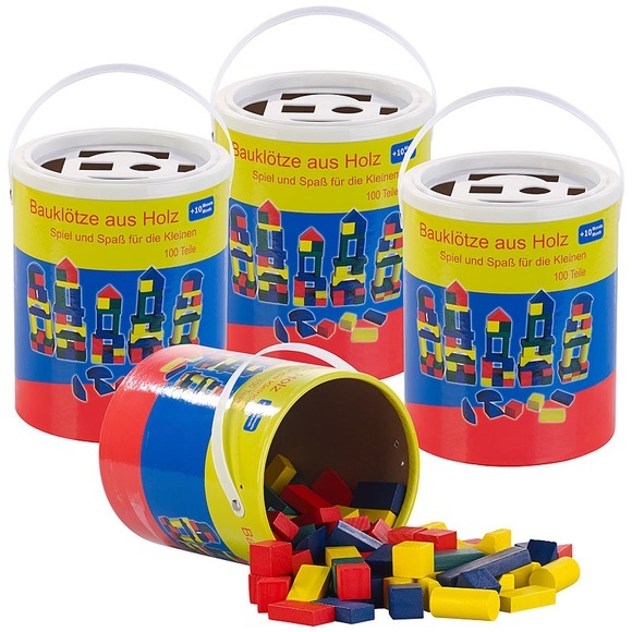 Playtastic 4er-Set Holzbausteine, Aufbewahrungseimer, 100 St., 4 Farben, 6 Formen