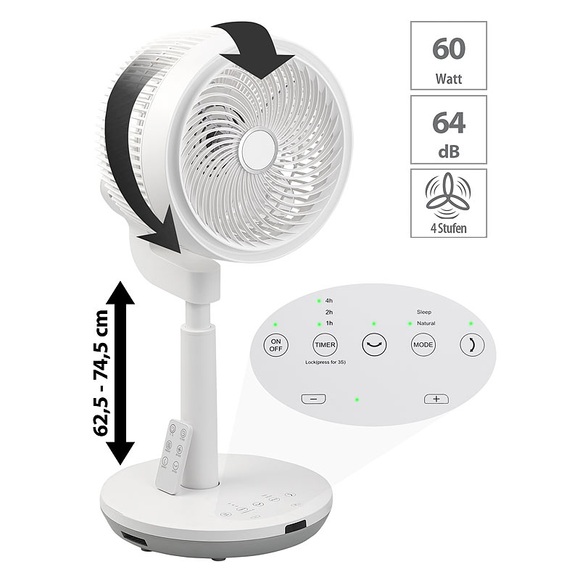 Sichler Haushaltsgeräte Höhenverstellbarer 3D-Raumventilator & Luftzirkulator, Ø 22 cm, 60 W