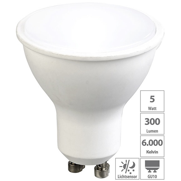 Luminea LED-Spot GU10, Lichtsensor, tageslichtweiss 6000 K, 5 Watt, 300 Lumen