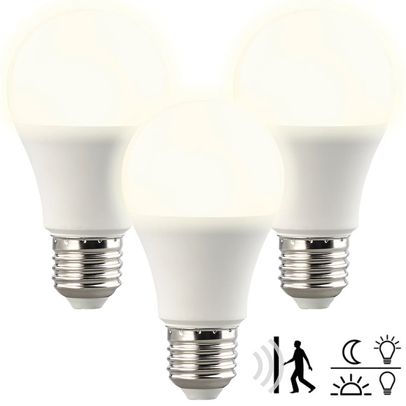 Luminea 3er-Set LED-Lampen, Lichtautomatik, Radarsensor, 806 lm, E27, warmweiss