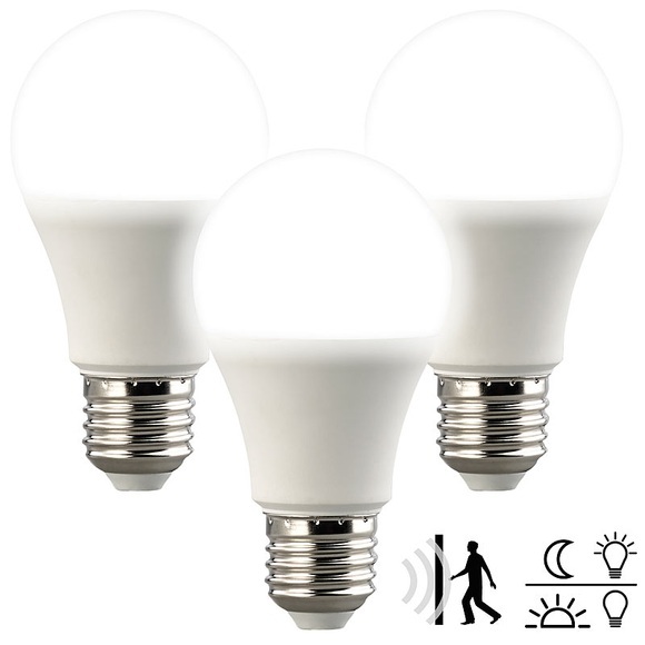Luminea 3er-Set LED-Lampen mit Lichtautomatik, Radarsensor, 806 lm, E27, weiss