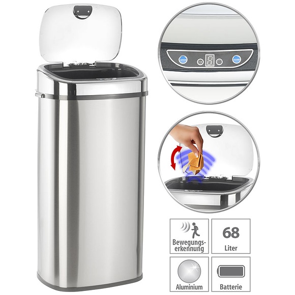 infactory Abfalleimer mit Hand-Bewegungssensor & Aluminium-Korpus, 68 Liter