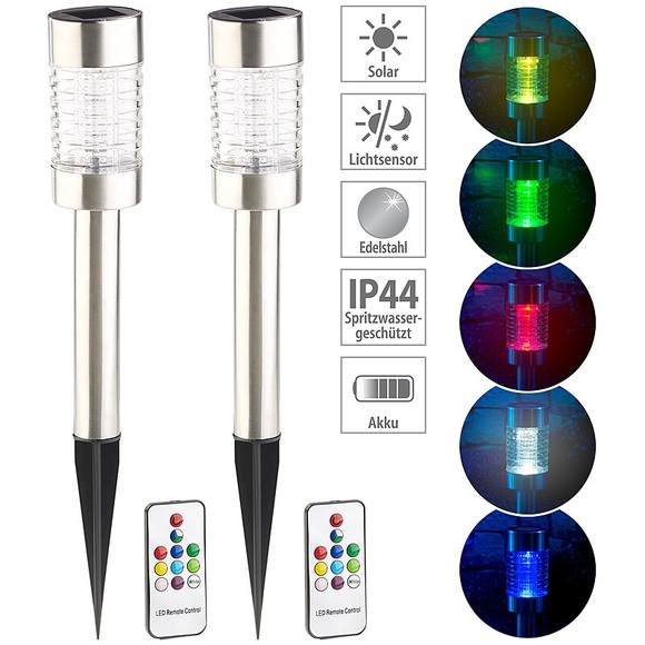 Lunartec 2er-Set Solar-RGB-LED-Wegeleuchte mit Lichtsensor & Fernbedienung IP44