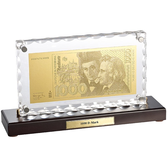 Vergoldete Banknoten-Replik 1.000 Deutsche Mark, 22 Karat Blattgold
