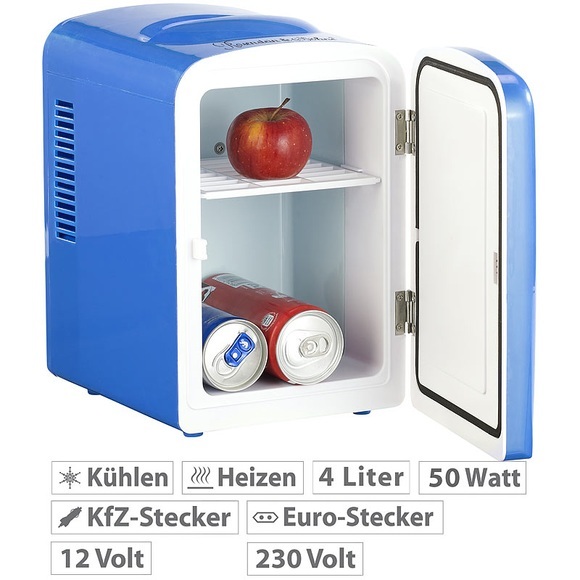 Rosenstein & Söhne Mini-Kühlschrank mit Warmhalte-Funktion, für 12 & 230 V, 4 Liter, blau