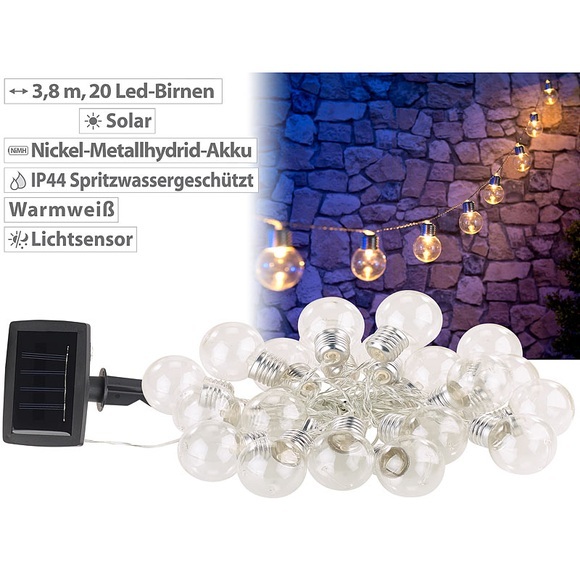 Lunartec Solar-LED-Lichterkette mit 20 LEDs in Glühbirnenform, 3,8 Meter, IP44