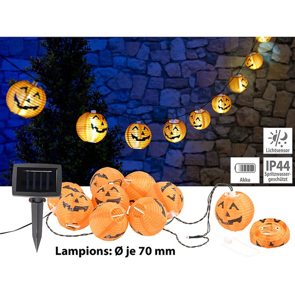 Lunartec Solar-Lichterkette mit 10 LED-Lampions im Halloween-Kürbis-Look, IP44