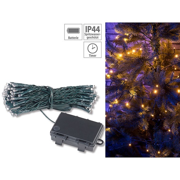 Lunartec LED-Lichterkette mit 100 LEDs, Timer, Batterie, warmweiss, 10 m, IP44