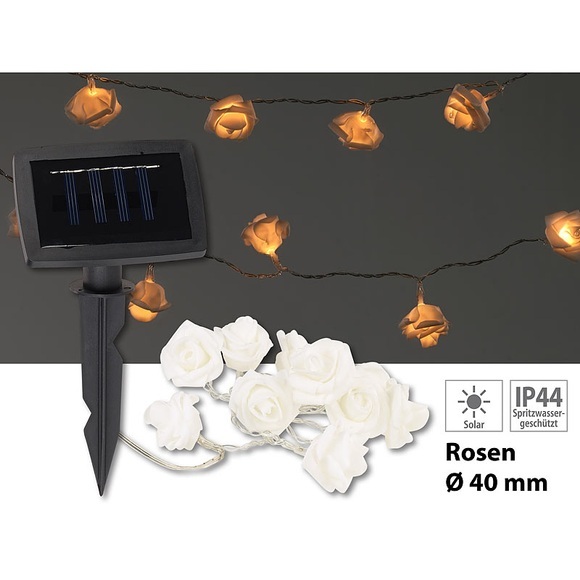 Lunartec Solar-LED-Lichterkette mit 10 weissen Rosen, warmweiss, IP44, 1 m