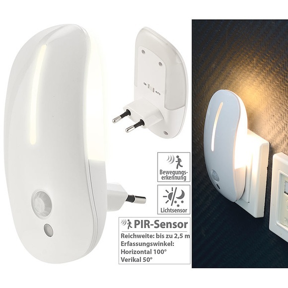 Lunartec LED-Steckdosen-Nachtlicht mit Bewegungsmelder & Dämmerungs-Sensor