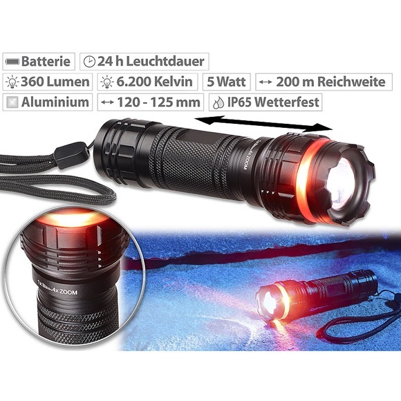 KryoLights Cree-LED-Taschenlampe mit Alu-Gehäuse, 5 Watt, 360 Lumen, IP65
