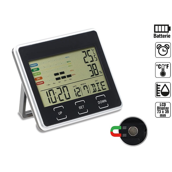 infactory Digitaler Wecker mit Kalender, Thermometer und Hygrometer