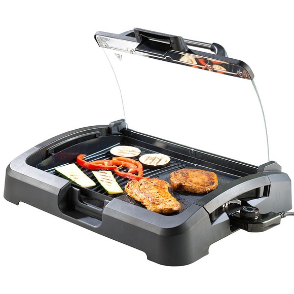 Rosenstein & Söhne XL-Tischgrill m. Glasdeckel, Keramik-beschichtete Grillplatte, 2.200 W