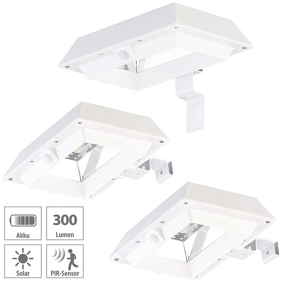 Lunartec 3er-Set 2in1-Solar-LED-Dachrinnen- & Wandleuchten, PIR-Sensor, 300 lm