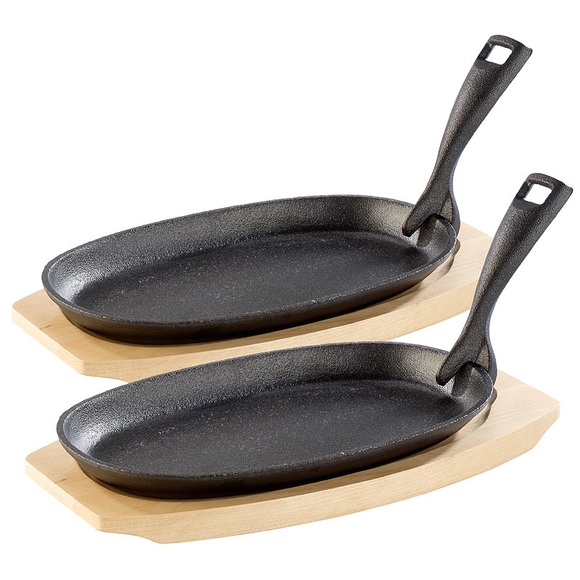 2 Profi-Servierpfannen, Gusseisen, mit Untersetzer, 24x14x2,2 cm, 820g