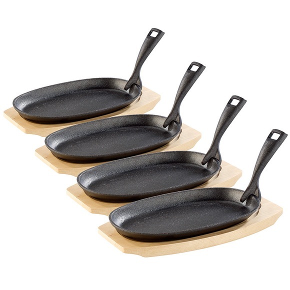 4 Profi-Servierpfannen, Gusseisen, mit Untersetzer, 24x14x2,2 cm, 820g