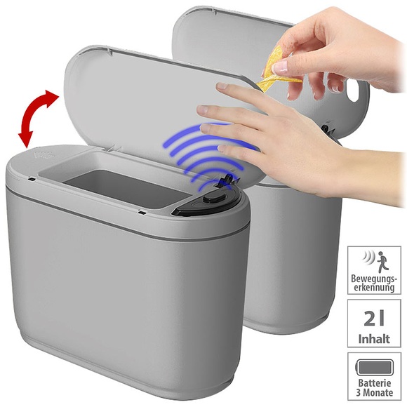 2er Design-Abfalleimer mit Hand-Bewegungs-Sensor, je 2 l, grau