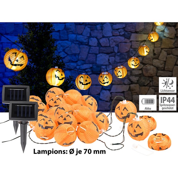 Lunartec 2er Pack Solar-Lichterkette mit 10 LED-Lampions im Halloween-Kürbis-Lo