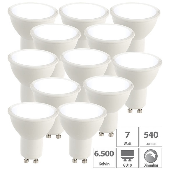 Luminea 12er-Set LED-Spots GU10, 6 Watt, 480 lm, A+, 6.500 K, dimmbar