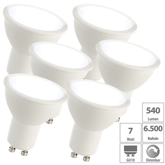 Luminea 6er-Set LED-Spots GU10, 6 Watt, 480 lm, A+, 6.500 K, dimmbar