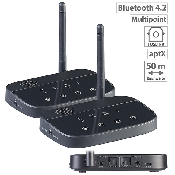 auvisio 2er-Set 2in1-Audio-Sender & -Empfänger, Bluetooth 4.2, aptX