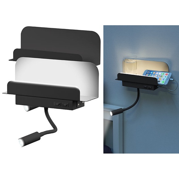 Carlo Milano 2er-Set Wandregal mit Leselicht, Nachtlicht & USB-Ladeport, 445 Lumen