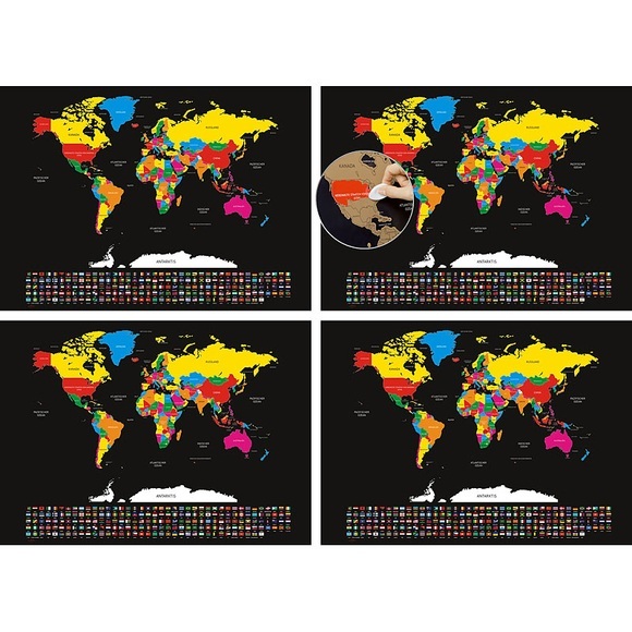infactory 4er-Set XXL-Weltkarte mit Ländern und Flaggen zum Freirubbeln, 82x59cm