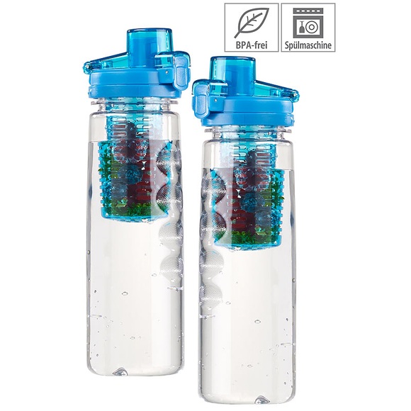 Rosenstein & Söhne 2er-Set Tritan-Trinkflaschen mit Fruchtbehälter, BPA-frei, 800ml, blau