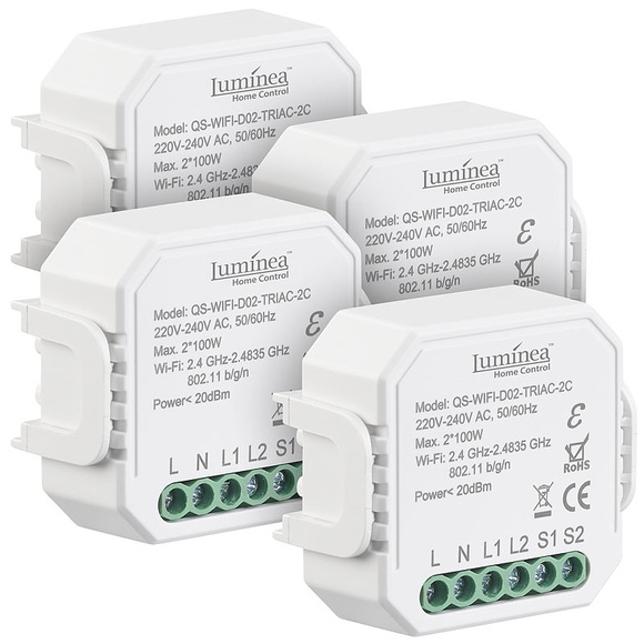 Luminea Home Control 4er-Set WLAN-Unterputz-2-Kanal-Lichtschalter & -Dimmer, App