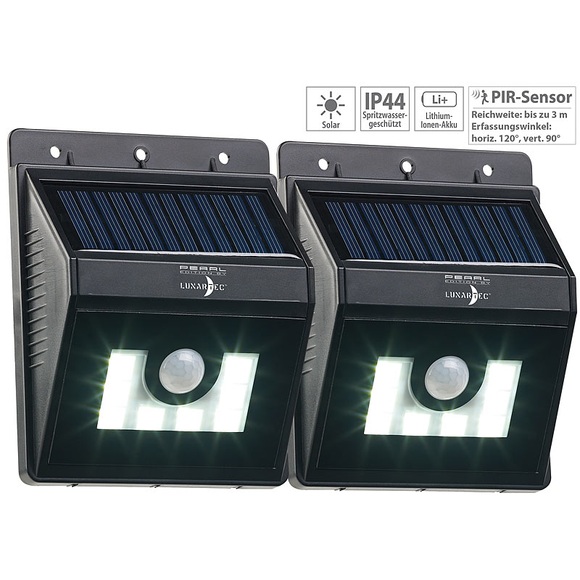 Lunartec 2er-Set Solar-LED-Wandleuchten mit Bewegungsmelder, Dimm-Funktion