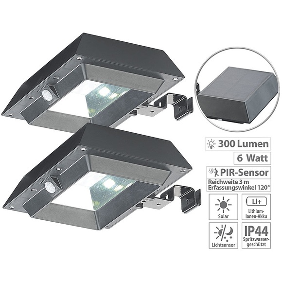 Lunartec 2er-Set 2in1-Solar-LED-Dachrinnen- & Wandleuchten, je 300 lm, schwarz