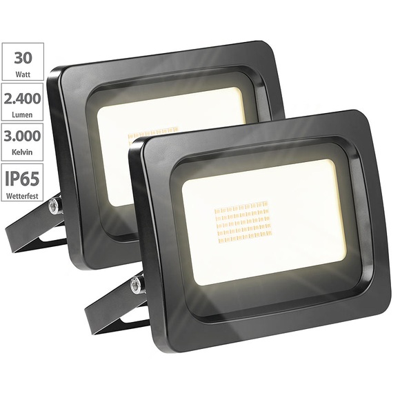 Luminea 2er-Set wetterfeste LED-Fluter, 30 Watt, 2.400 Lumen, IP65, 3.000 K