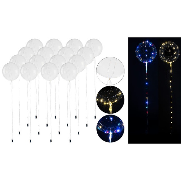Pearl 16er-Set Luftballons mit Lichterkette, 40 weisse & 40 Farb-LEDs, Ø 25