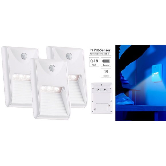 Lunartec 3er-Set LED-Treppenleuchten & Nachtlichter mit PIR-Bewegungssensor