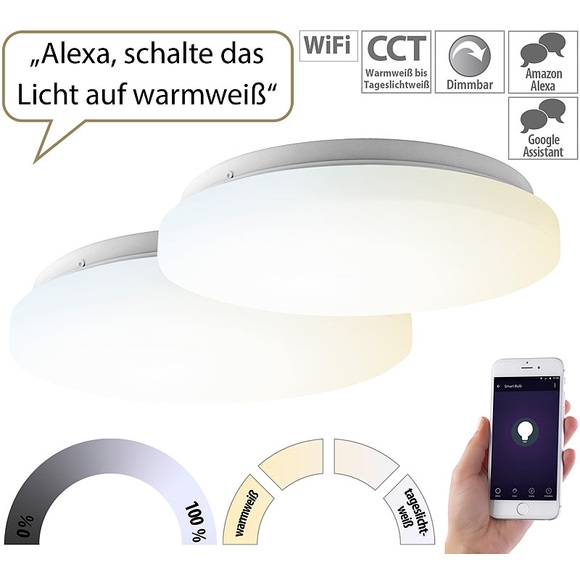 Luminea Home Control 2er-Set WLAN-LED-Deckenleuchten für Amazon Alexa&Google Assistant, 24W