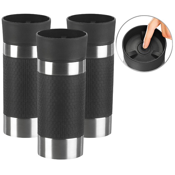 Rosenstein & Söhne 3er-Set  Edelstahl-Isolierbecher, Quick-Press-Verschluss, je 360 ml