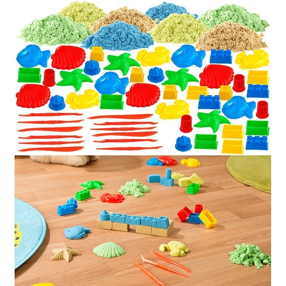 Playtastic Kinetischer Sand, 8x 300 g, bunt, mit Sand-Formen & Werkzeugen