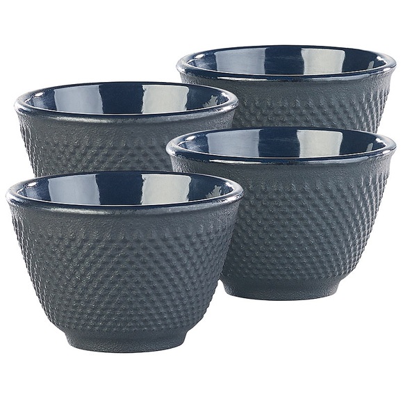 Rosenstein & Söhne 4er-Set asiatische Teebecher aus Gusseisen und Emaille, schwarz