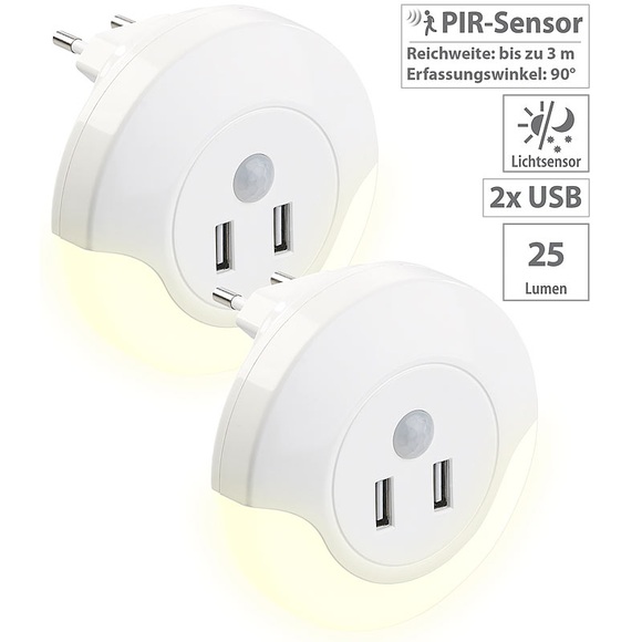 Luminea 2 LED-Steckdosen-Nachtlichter, PIR- und Lichtsensor, 2x USB (10 Watt)