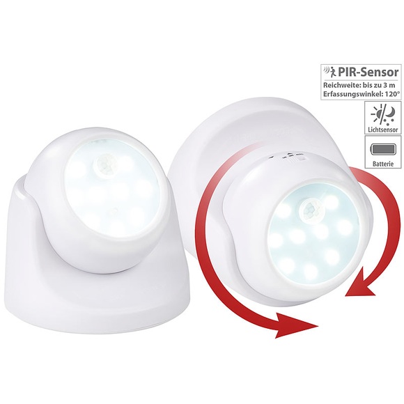 Luminea 2er-Set Kabellose LED-Strahler, Bewegungssensor, 360° drehbar,100 lm