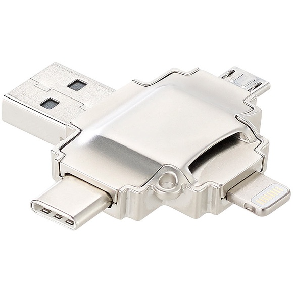 Callstel microSD-Kartenleser mit Lightning-, Micro-USB- & USB-Stecker Typ A & C